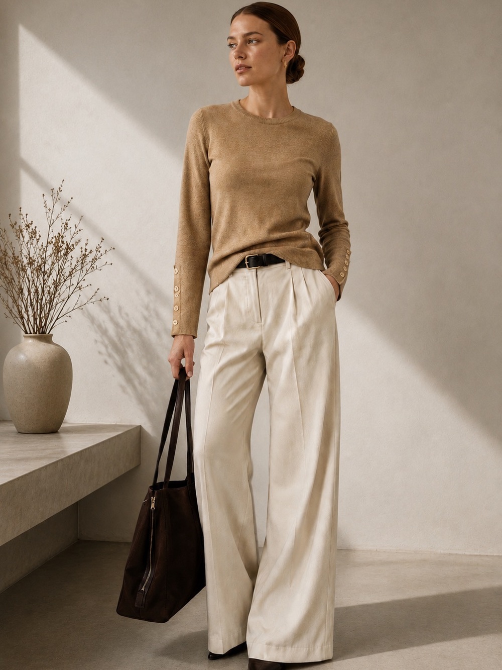 Zara Camel Ribbed Knit Sweater With Button Sleeve Detail Size M